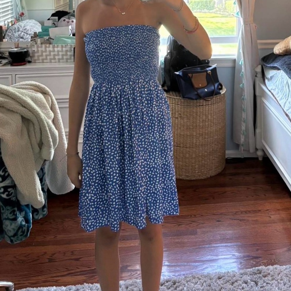 Amazon Strapless Dress in Blue with White Dots